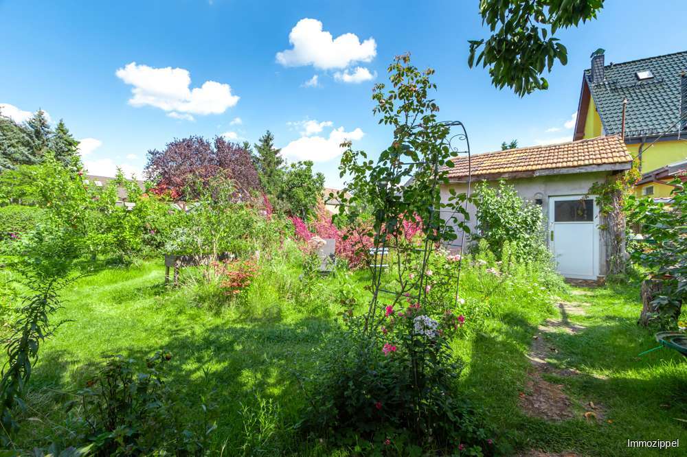 Gartenansicht mit Gerätehaus