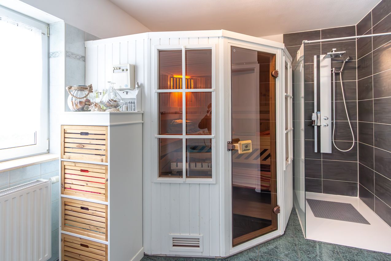 Badansicht mit Sauna und bodengleicher Dusche