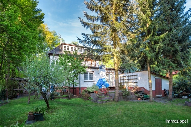 Hausansicht vom Garten mit Anbau und Terrasse
