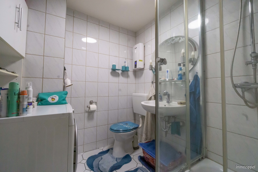 Duschbad mit Waschbecken, WC und Waschmaschinenstellplatz